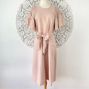 {THE GREAT.} The Smocked Sleeve Sash-Waist Midi Dress, Blush, Size 0, NWT